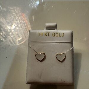 14K Gold Heart Stud Earrings - Delicate Beaded Edge